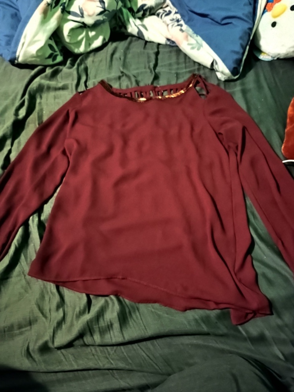 Women's Burgundy Long-Sleeve Chiffon Blouse with Decorative Neck Trim